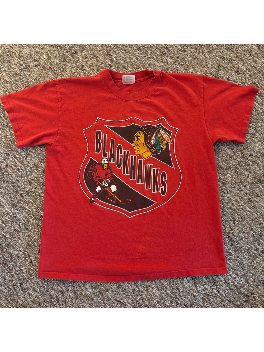 Vintage 1991 Chicago Blackhawks Graphic T-Shirt Red Size Large Single Stitch